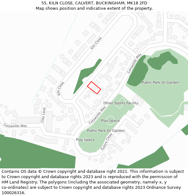 55, KILN CLOSE, CALVERT, BUCKINGHAM, MK18 2FD: Location map and indicative extent of plot