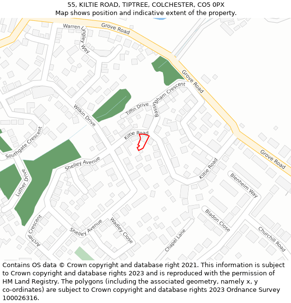 55, KILTIE ROAD, TIPTREE, COLCHESTER, CO5 0PX: Location map and indicative extent of plot