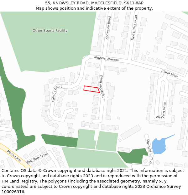 55, KNOWSLEY ROAD, MACCLESFIELD, SK11 8AP: Location map and indicative extent of plot