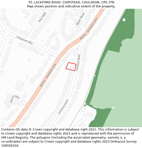 55, LACKFORD ROAD, CHIPSTEAD, COULSDON, CR5 3TB: Location map and indicative extent of plot