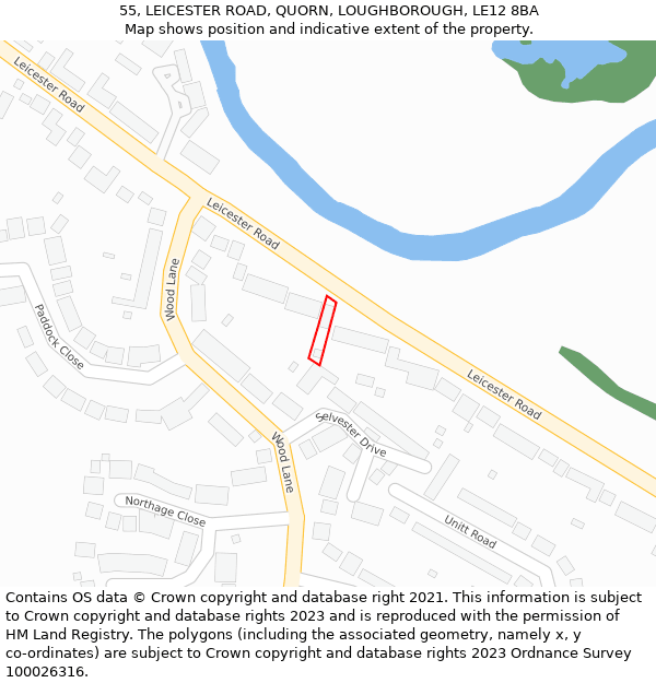 55, LEICESTER ROAD, QUORN, LOUGHBOROUGH, LE12 8BA: Location map and indicative extent of plot