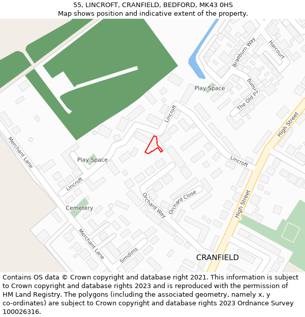 55, LINCROFT, CRANFIELD, BEDFORD, MK43 0HS: Location map and indicative extent of plot