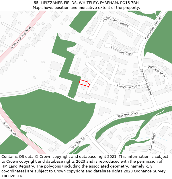 55, LIPIZZANER FIELDS, WHITELEY, FAREHAM, PO15 7BH: Location map and indicative extent of plot