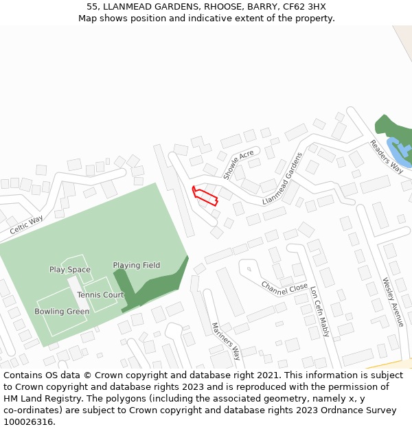 55, LLANMEAD GARDENS, RHOOSE, BARRY, CF62 3HX: Location map and indicative extent of plot