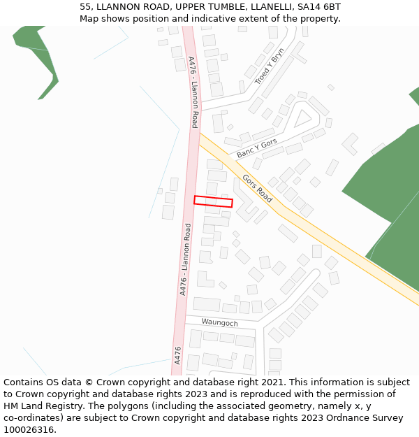 55, LLANNON ROAD, UPPER TUMBLE, LLANELLI, SA14 6BT: Location map and indicative extent of plot