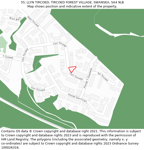 55, LLYN TIRCOED, TIRCOED FOREST VILLAGE, SWANSEA, SA4 9LB: Location map and indicative extent of plot