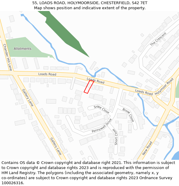 55, LOADS ROAD, HOLYMOORSIDE, CHESTERFIELD, S42 7ET: Location map and indicative extent of plot