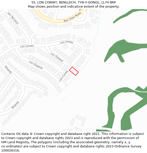 55, LON CONWY, BENLLECH, TYN-Y-GONGL, LL74 8RP: Location map and indicative extent of plot