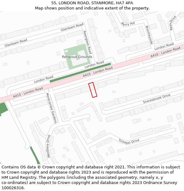 55, LONDON ROAD, STANMORE, HA7 4PA: Location map and indicative extent of plot