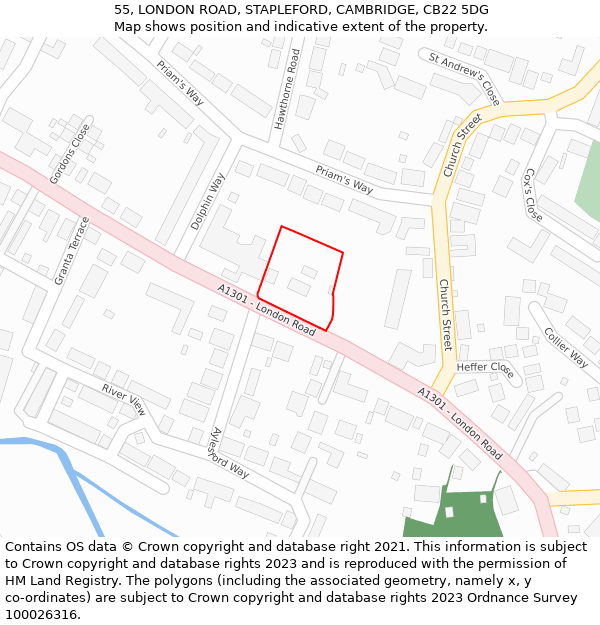 55, LONDON ROAD, STAPLEFORD, CAMBRIDGE, CB22 5DG: Location map and indicative extent of plot