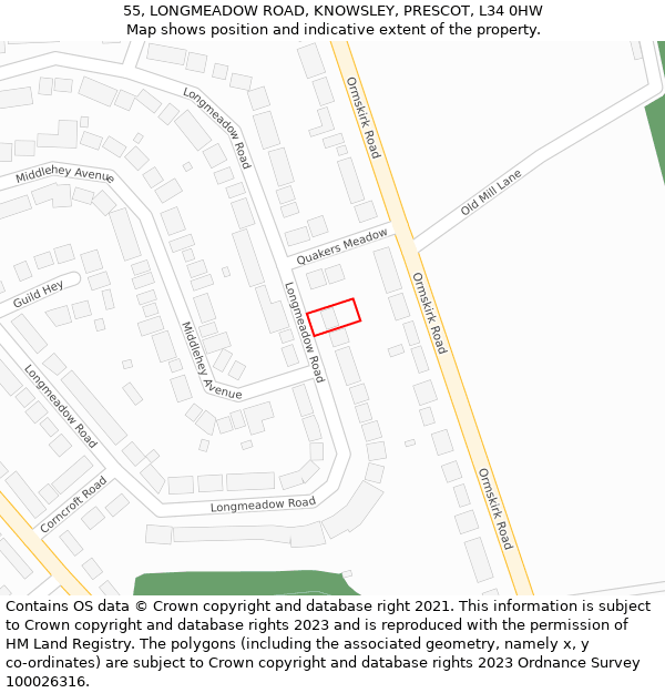 55, LONGMEADOW ROAD, KNOWSLEY, PRESCOT, L34 0HW: Location map and indicative extent of plot
