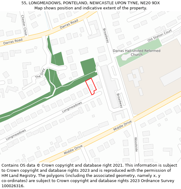 55, LONGMEADOWS, PONTELAND, NEWCASTLE UPON TYNE, NE20 9DX: Location map and indicative extent of plot