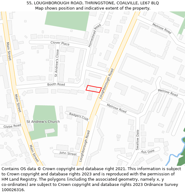 55, LOUGHBOROUGH ROAD, THRINGSTONE, COALVILLE, LE67 8LQ: Location map and indicative extent of plot