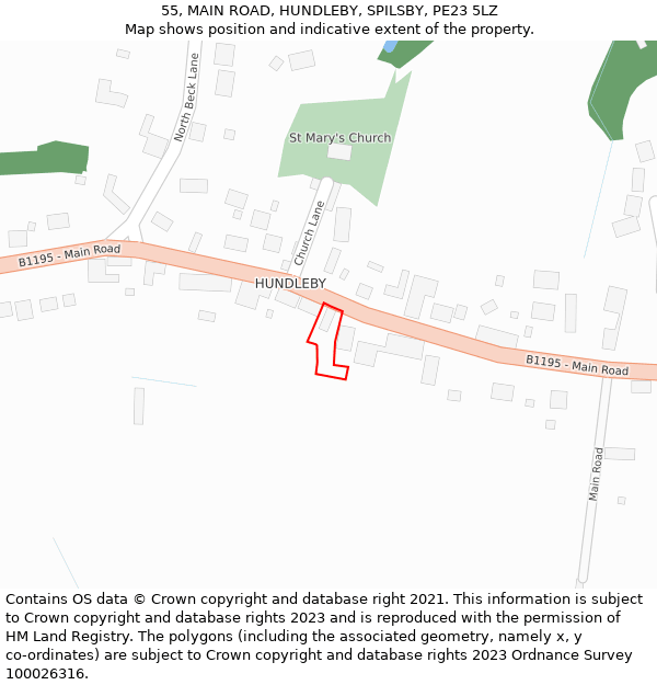 55, MAIN ROAD, HUNDLEBY, SPILSBY, PE23 5LZ: Location map and indicative extent of plot