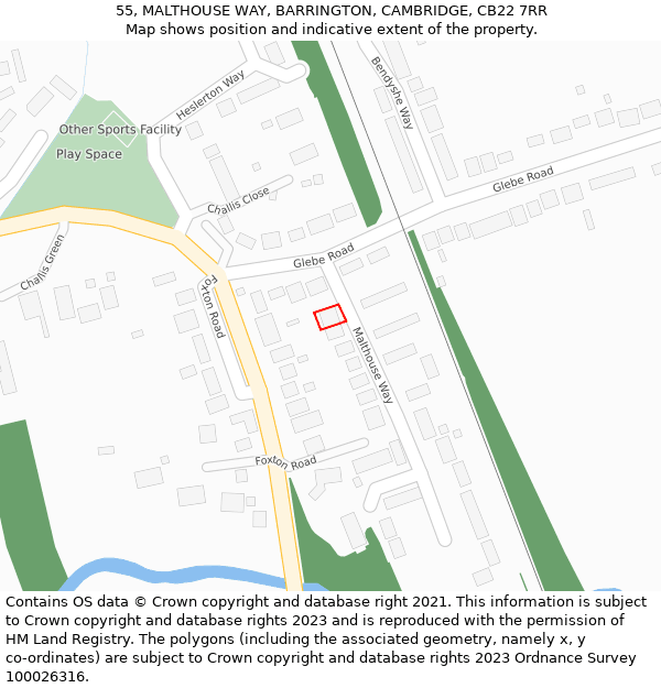 55, MALTHOUSE WAY, BARRINGTON, CAMBRIDGE, CB22 7RR: Location map and indicative extent of plot