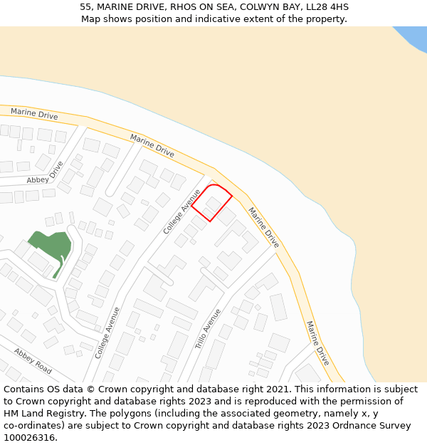 55, MARINE DRIVE, RHOS ON SEA, COLWYN BAY, LL28 4HS: Location map and indicative extent of plot