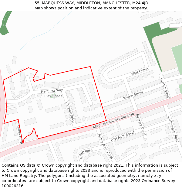 55, MARQUESS WAY, MIDDLETON, MANCHESTER, M24 4JR: Location map and indicative extent of plot