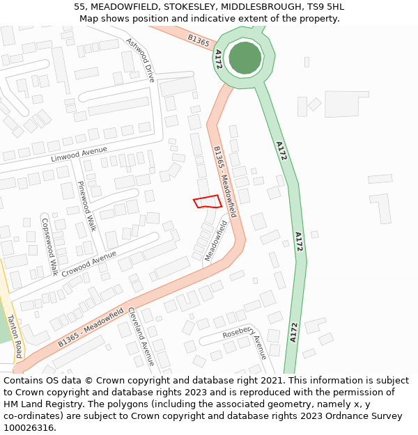 55, MEADOWFIELD, STOKESLEY, MIDDLESBROUGH, TS9 5HL: Location map and indicative extent of plot