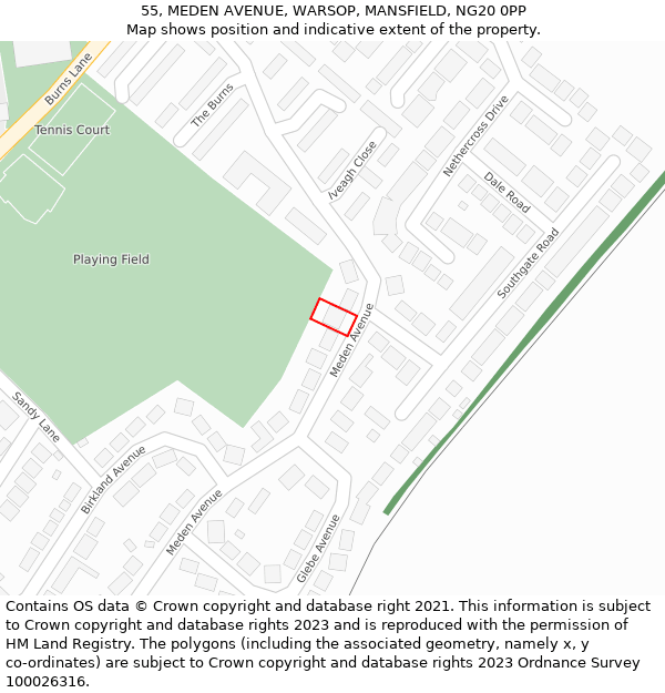 55, MEDEN AVENUE, WARSOP, MANSFIELD, NG20 0PP: Location map and indicative extent of plot