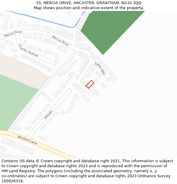 55, MERCIA DRIVE, ANCASTER, GRANTHAM, NG32 3QQ: Location map and indicative extent of plot