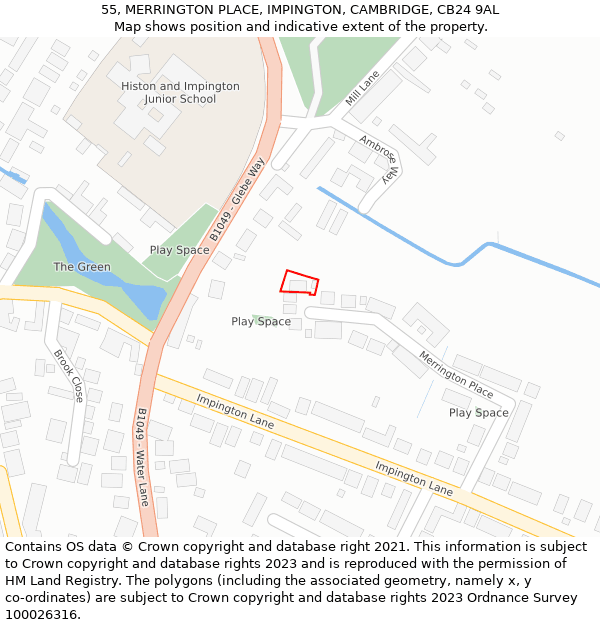 55, MERRINGTON PLACE, IMPINGTON, CAMBRIDGE, CB24 9AL: Location map and indicative extent of plot