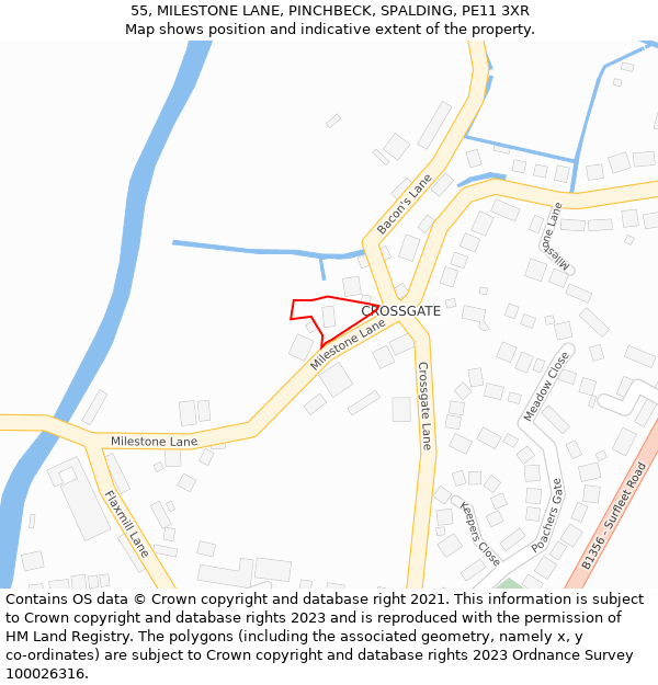 55, MILESTONE LANE, PINCHBECK, SPALDING, PE11 3XR: Location map and indicative extent of plot
