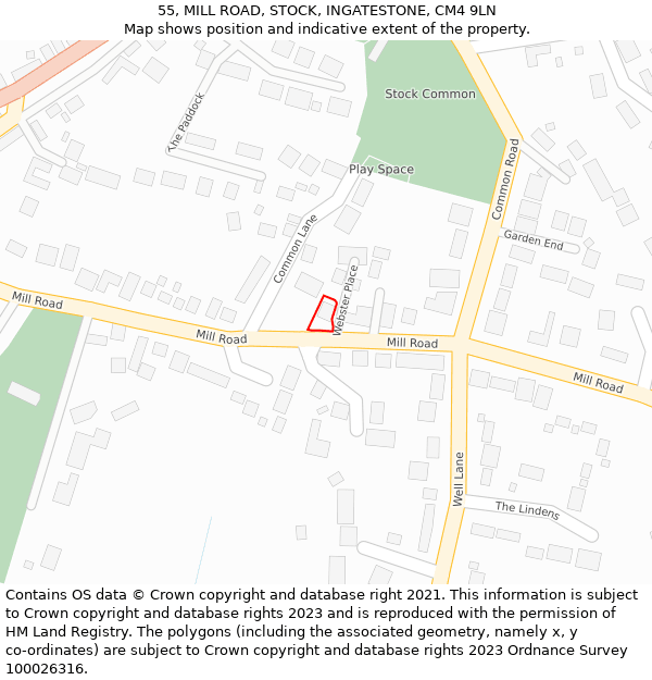 55, MILL ROAD, STOCK, INGATESTONE, CM4 9LN: Location map and indicative extent of plot