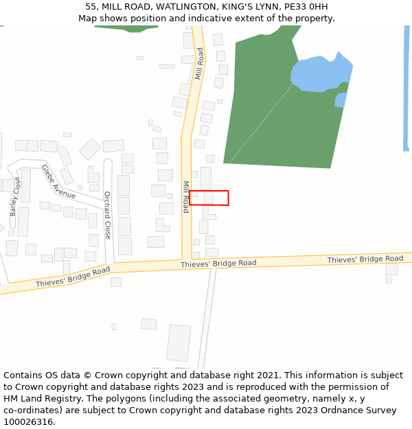 55, MILL ROAD, WATLINGTON, KING'S LYNN, PE33 0HH: Location map and indicative extent of plot