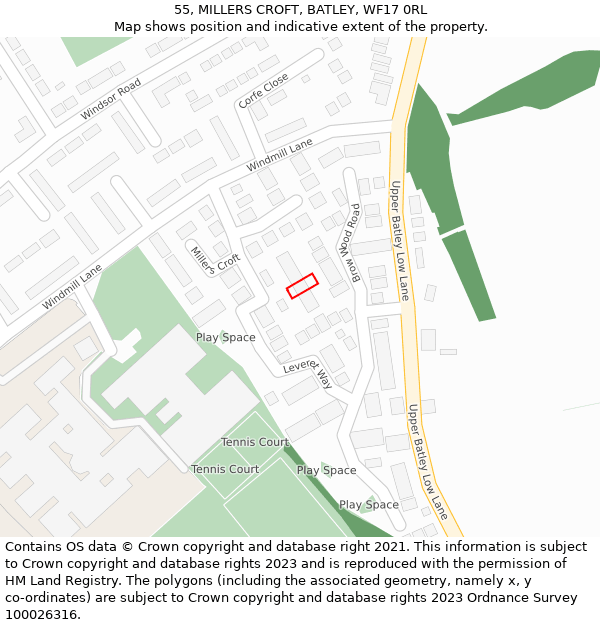 55, MILLERS CROFT, BATLEY, WF17 0RL: Location map and indicative extent of plot
