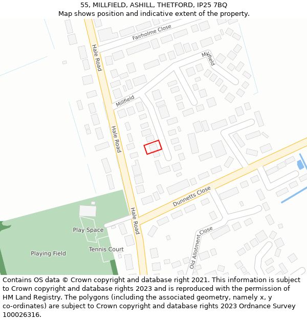 55, MILLFIELD, ASHILL, THETFORD, IP25 7BQ: Location map and indicative extent of plot