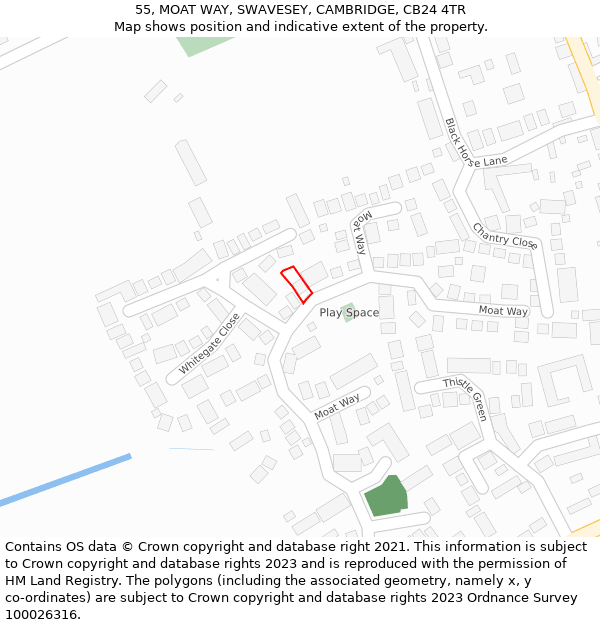 55, MOAT WAY, SWAVESEY, CAMBRIDGE, CB24 4TR: Location map and indicative extent of plot