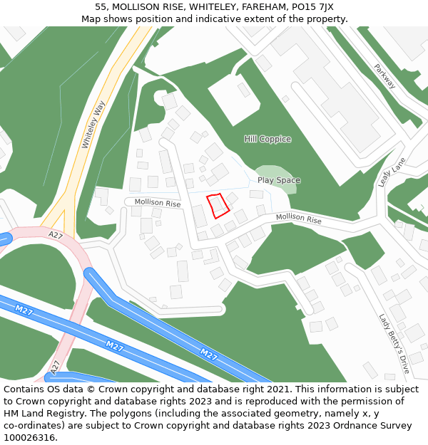 55, MOLLISON RISE, WHITELEY, FAREHAM, PO15 7JX: Location map and indicative extent of plot