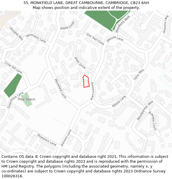 55, MONKFIELD LANE, GREAT CAMBOURNE, CAMBRIDGE, CB23 6AH: Location map and indicative extent of plot