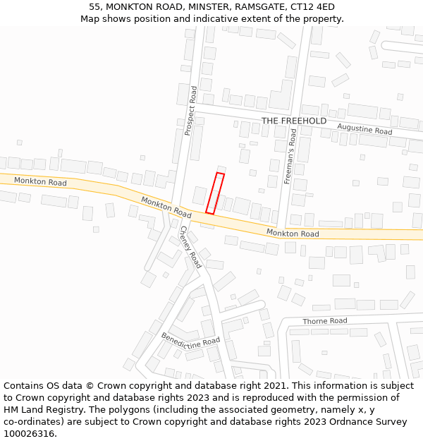 55, MONKTON ROAD, MINSTER, RAMSGATE, CT12 4ED: Location map and indicative extent of plot