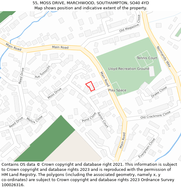 55, MOSS DRIVE, MARCHWOOD, SOUTHAMPTON, SO40 4YD: Location map and indicative extent of plot