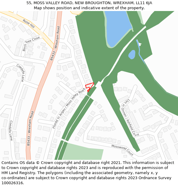 55, MOSS VALLEY ROAD, NEW BROUGHTON, WREXHAM, LL11 6JA: Location map and indicative extent of plot