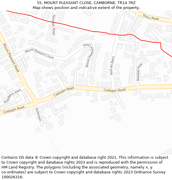 55, MOUNT PLEASANT CLOSE, CAMBORNE, TR14 7RZ: Location map and indicative extent of plot