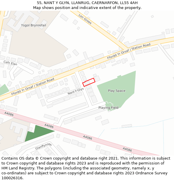 55, NANT Y GLYN, LLANRUG, CAERNARFON, LL55 4AH: Location map and indicative extent of plot