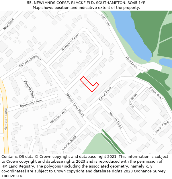 55, NEWLANDS COPSE, BLACKFIELD, SOUTHAMPTON, SO45 1YB: Location map and indicative extent of plot