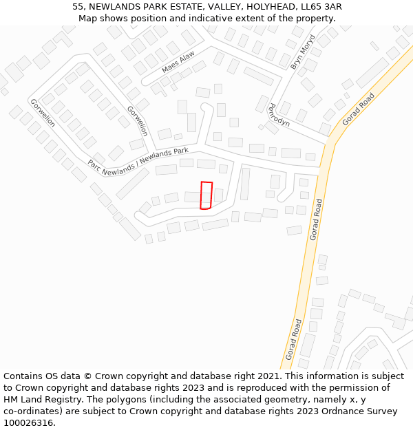 55, NEWLANDS PARK ESTATE, VALLEY, HOLYHEAD, LL65 3AR: Location map and indicative extent of plot