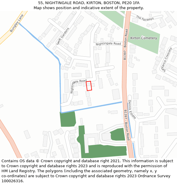 55, NIGHTINGALE ROAD, KIRTON, BOSTON, PE20 1FA: Location map and indicative extent of plot