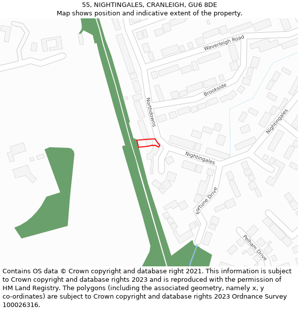 55, NIGHTINGALES, CRANLEIGH, GU6 8DE: Location map and indicative extent of plot