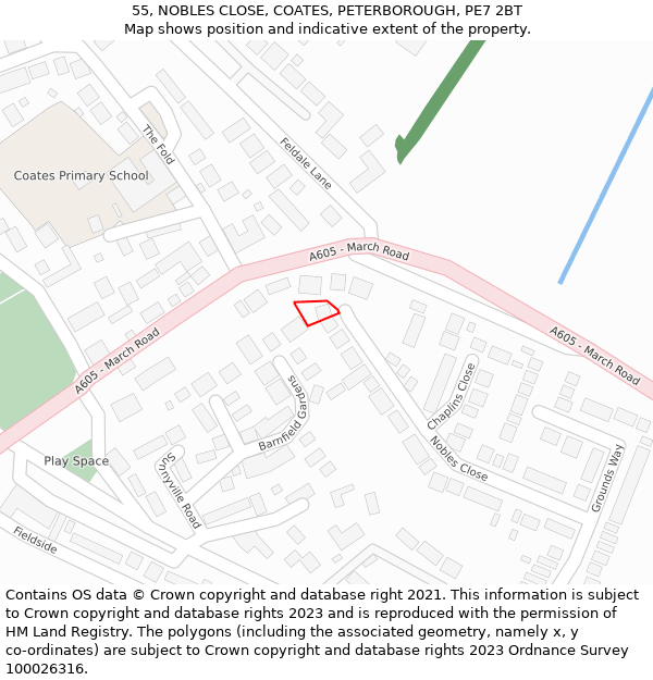 55, NOBLES CLOSE, COATES, PETERBOROUGH, PE7 2BT: Location map and indicative extent of plot