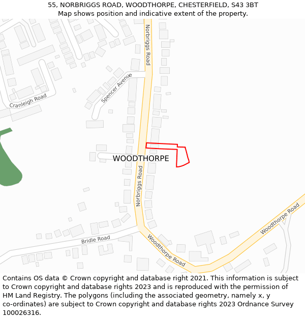 55, NORBRIGGS ROAD, WOODTHORPE, CHESTERFIELD, S43 3BT: Location map and indicative extent of plot