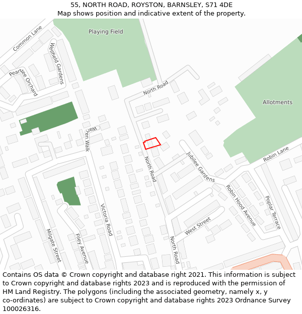 55, NORTH ROAD, ROYSTON, BARNSLEY, S71 4DE: Location map and indicative extent of plot