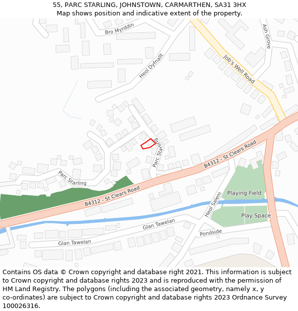 55, PARC STARLING, JOHNSTOWN, CARMARTHEN, SA31 3HX: Location map and indicative extent of plot