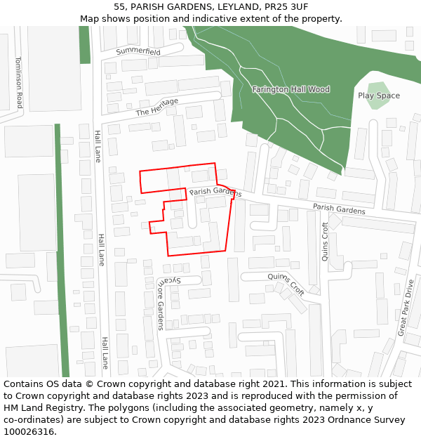 55, PARISH GARDENS, LEYLAND, PR25 3UF: Location map and indicative extent of plot