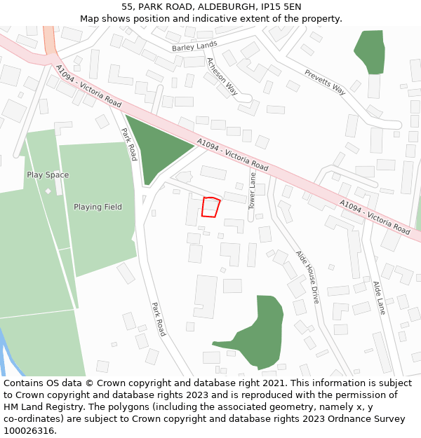 55, PARK ROAD, ALDEBURGH, IP15 5EN: Location map and indicative extent of plot