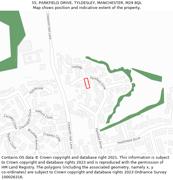 55, PARKFIELD DRIVE, TYLDESLEY, MANCHESTER, M29 8QL: Location map and indicative extent of plot