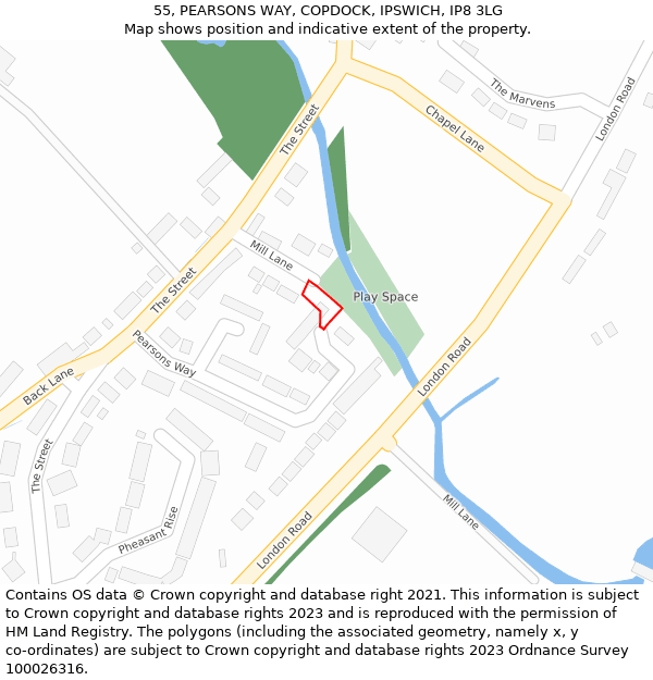 55, PEARSONS WAY, COPDOCK, IPSWICH, IP8 3LG: Location map and indicative extent of plot